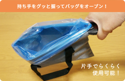 持ち手をグッと握ってバッグをオープンできる 片手でらくらく使用可能！